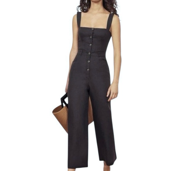 Reformation Pants - SOLD.   Reformation Tyler Black Button Front 100% Linen Jumpsuit Size 8 Wide Leg